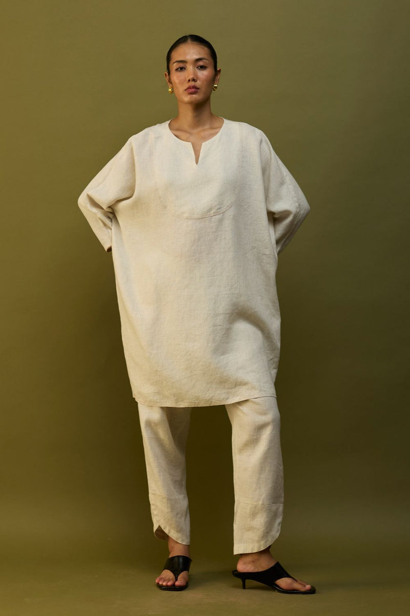 Etsu Yoke Linen Kurta - Off White linen by Manan in ivory color for women Worldwide