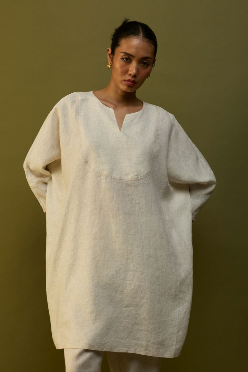 Etsu Yoke Linen Kurta - Off White linen by Manan in ivory color for women Worldwide
