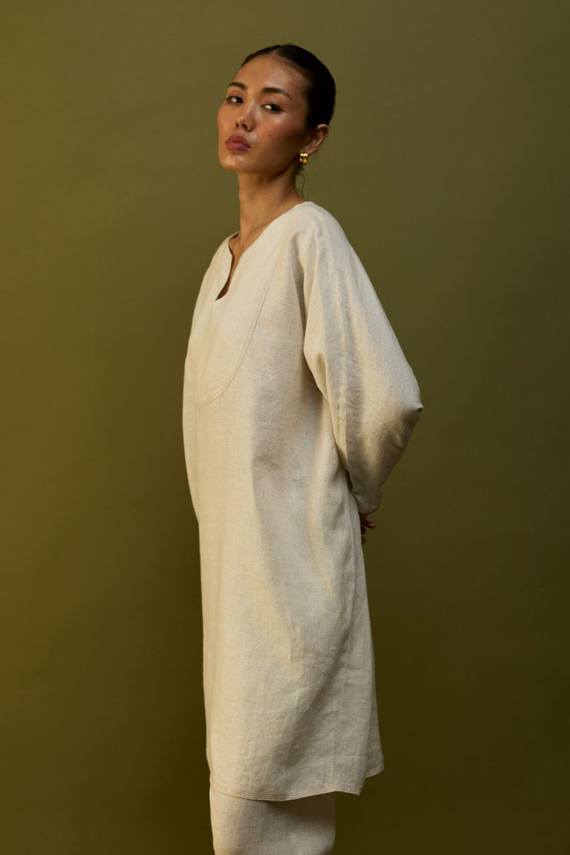 Etsu Yoke Linen Kurta - Off White linen by Manan in ivory color for women Worldwide