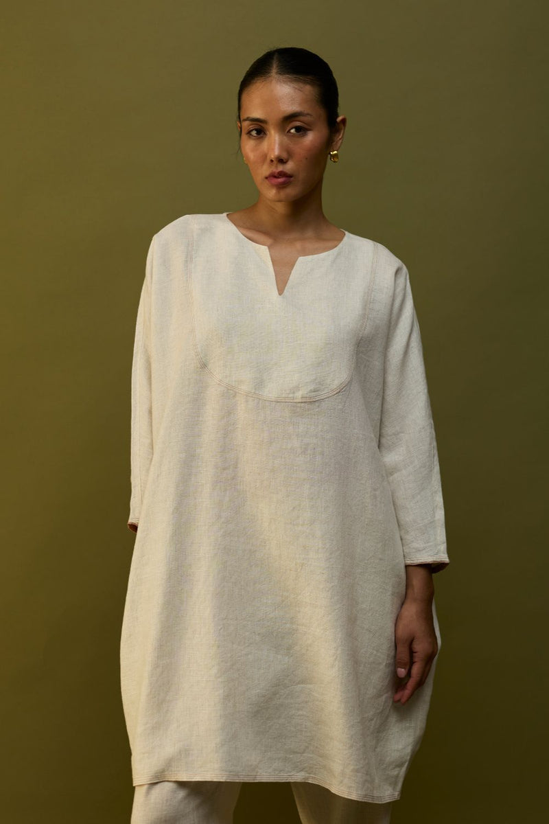 Etsu Yoke Linen Kurta - Off White linen by Manan in ivory color for women Worldwide