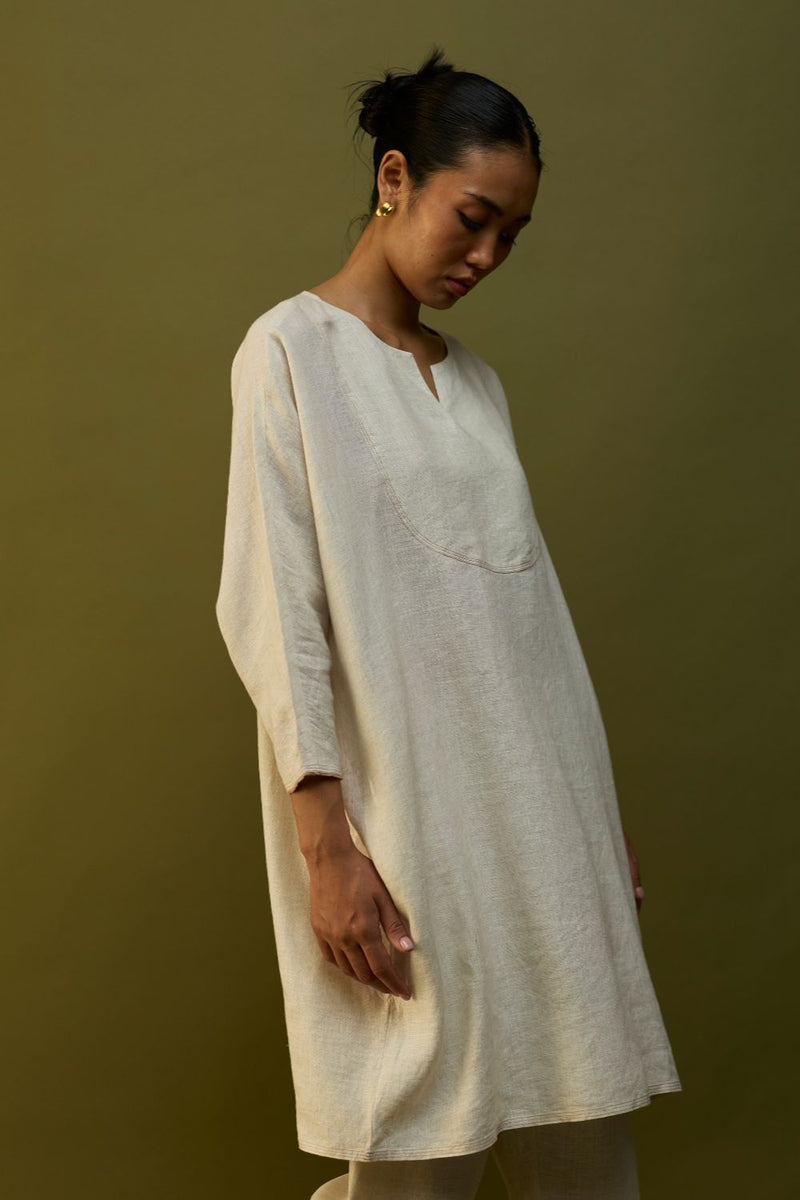 Etsu Yoke Linen Kurta - Off White linen by Manan in ivory color for women Worldwide