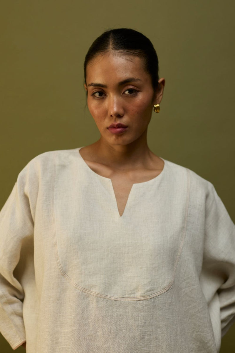 Etsu Yoke Linen Kurta - Off White linen by Manan in ivory color for women Worldwide