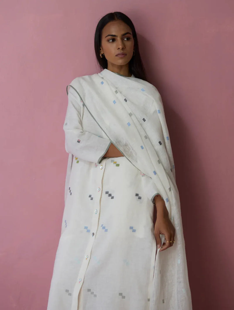 Miel Hand-Embroidered Jamdani Linen Kurta Set - Ivory all linen by Manan in ivory color for women Worldwide