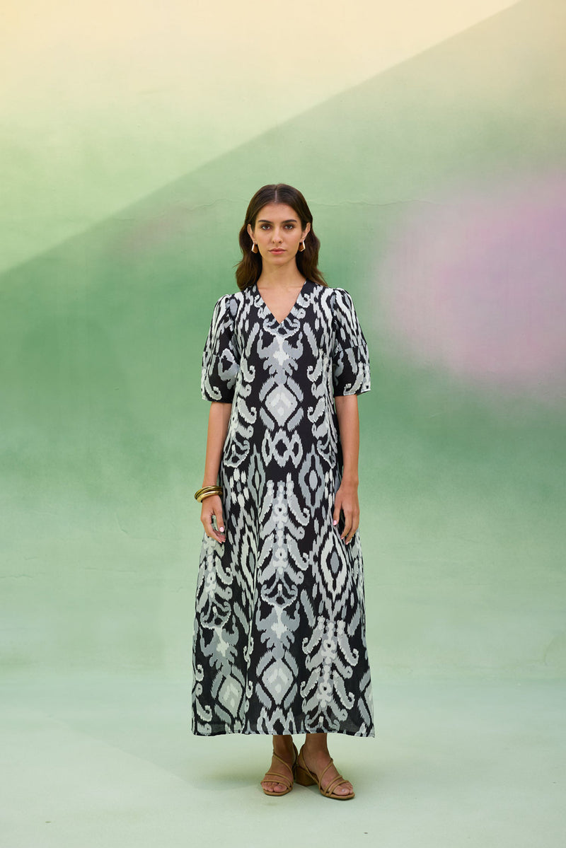 Black Ikat V-Neck Maxi Dress linen dress by World of SiSa in black for women Worldwide