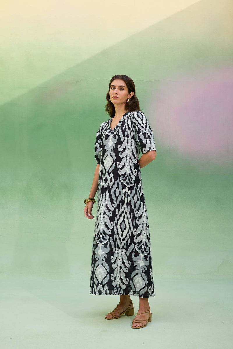 Black Ikat V-Neck Maxi Dress linen dress by World of SiSa in black for women Worldwide