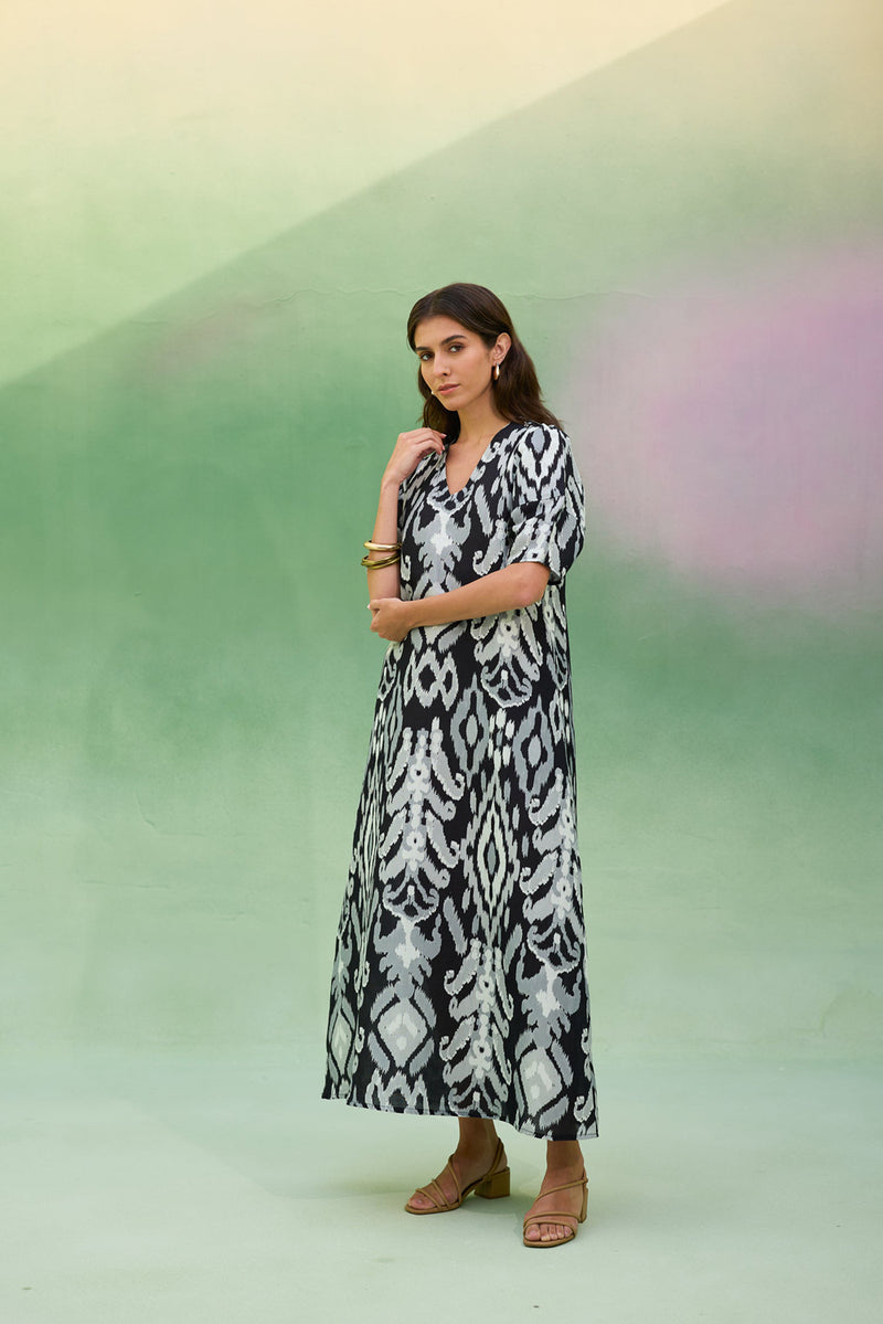 Black Ikat V-Neck Maxi Dress linen dress by World of SiSa in black for women Worldwide