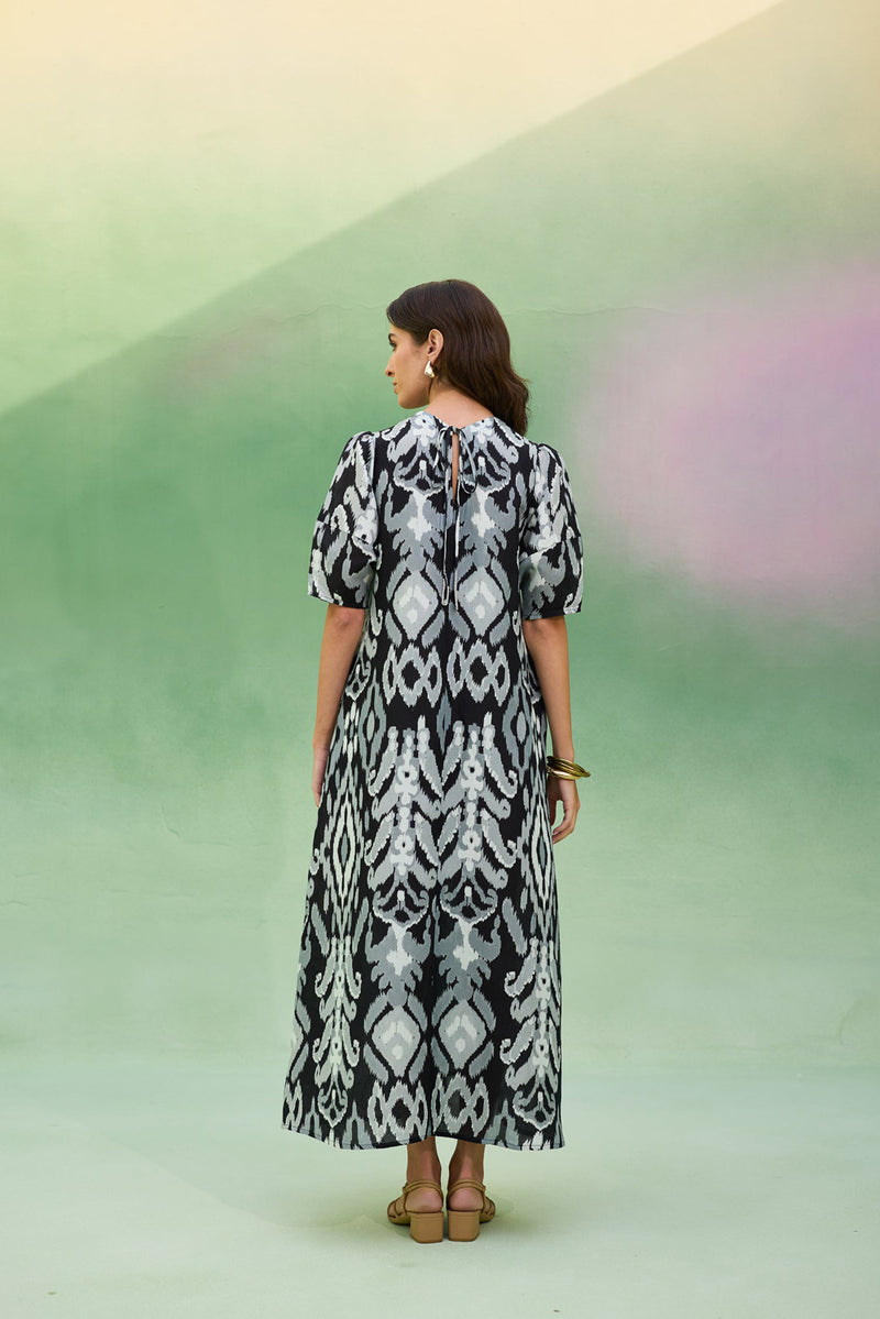 Black Ikat V-Neck Maxi Dress linen dress by World of SiSa in black for women Worldwide