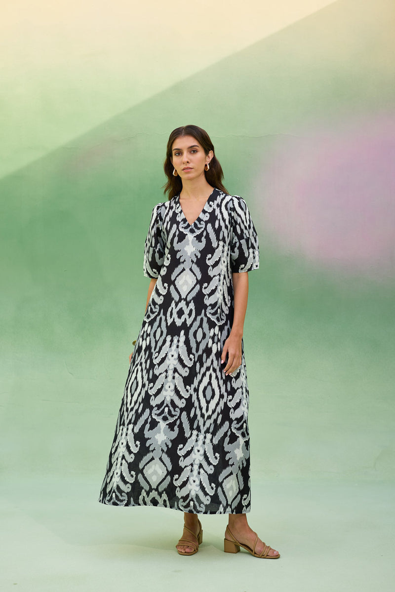 Black Ikat V-Neck Maxi Dress linen dress by World of SiSa in black for women Worldwide