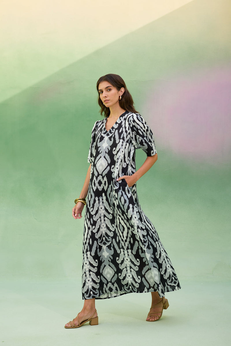 Black Ikat V-Neck Maxi Dress linen dress by World of SiSa in black for women Worldwide