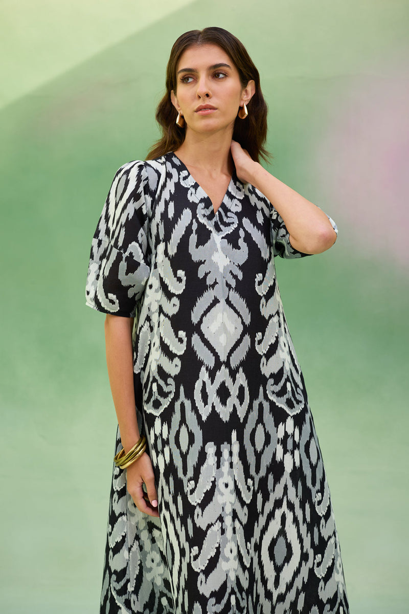 Black Ikat V-Neck Maxi Dress linen dress by World of SiSa in black for women Worldwide