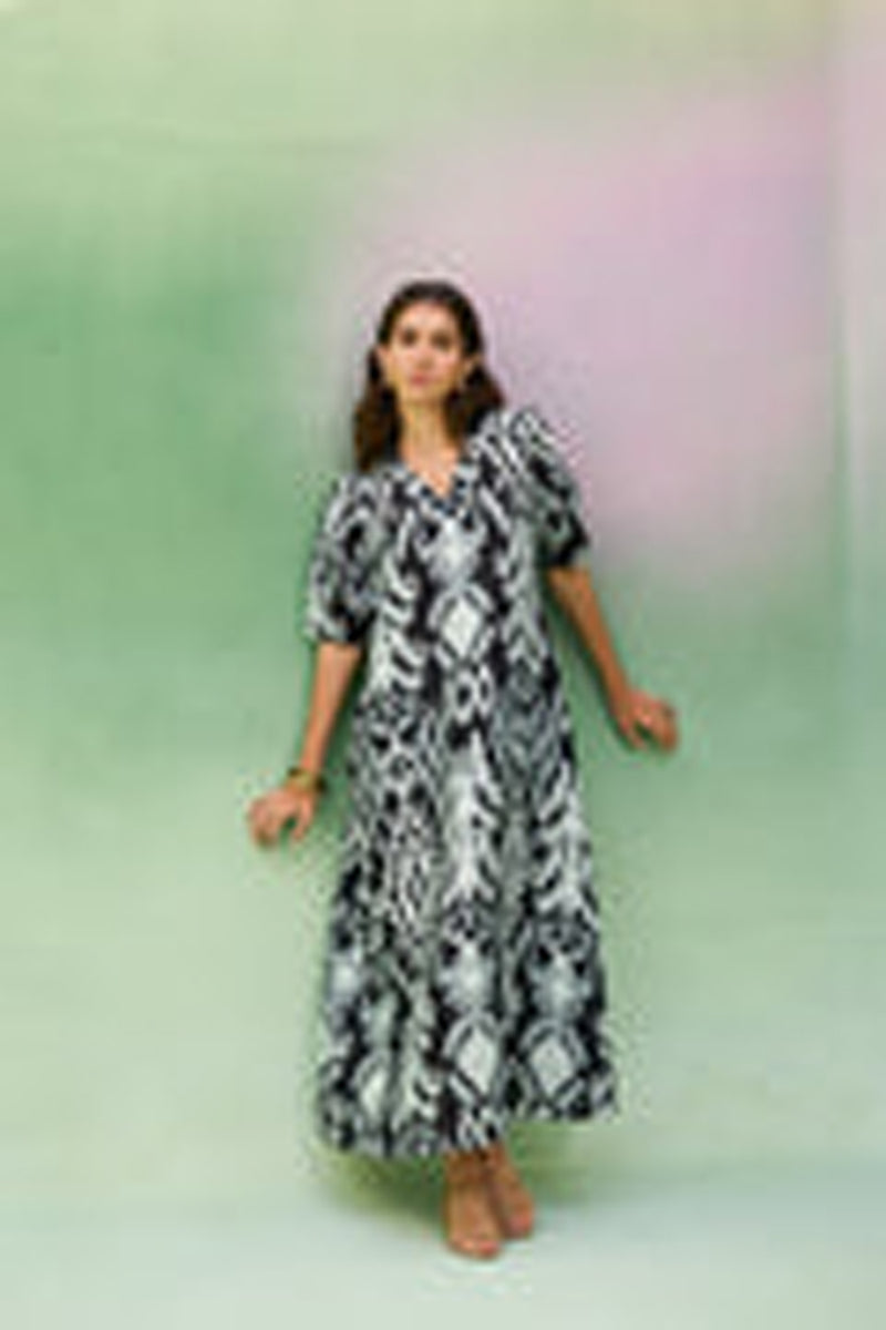 Black Ikat V-Neck Maxi Dress linen dress by World of SiSa in black for women Worldwide