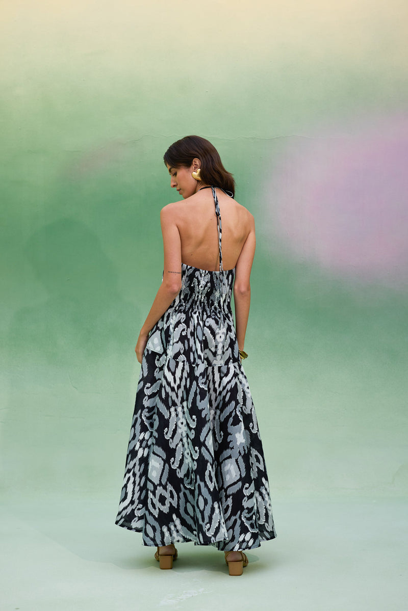 Greyscale Oversized Ikat Halter Neck Maxi Dress linen dress by World of SiSa in grey for women Worldwide