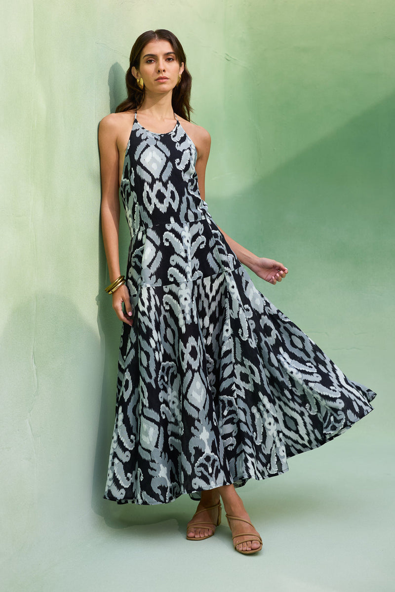 Greyscale Oversized Ikat Halter Neck Maxi Dress linen dress by World of SiSa in grey for women Worldwide