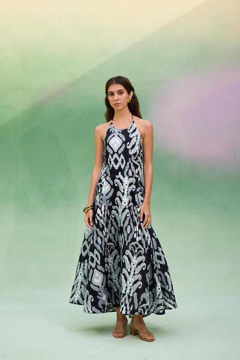 Greyscale Oversized Ikat Halter Neck Maxi Dress linen dress by World of SiSa in grey for women Worldwide