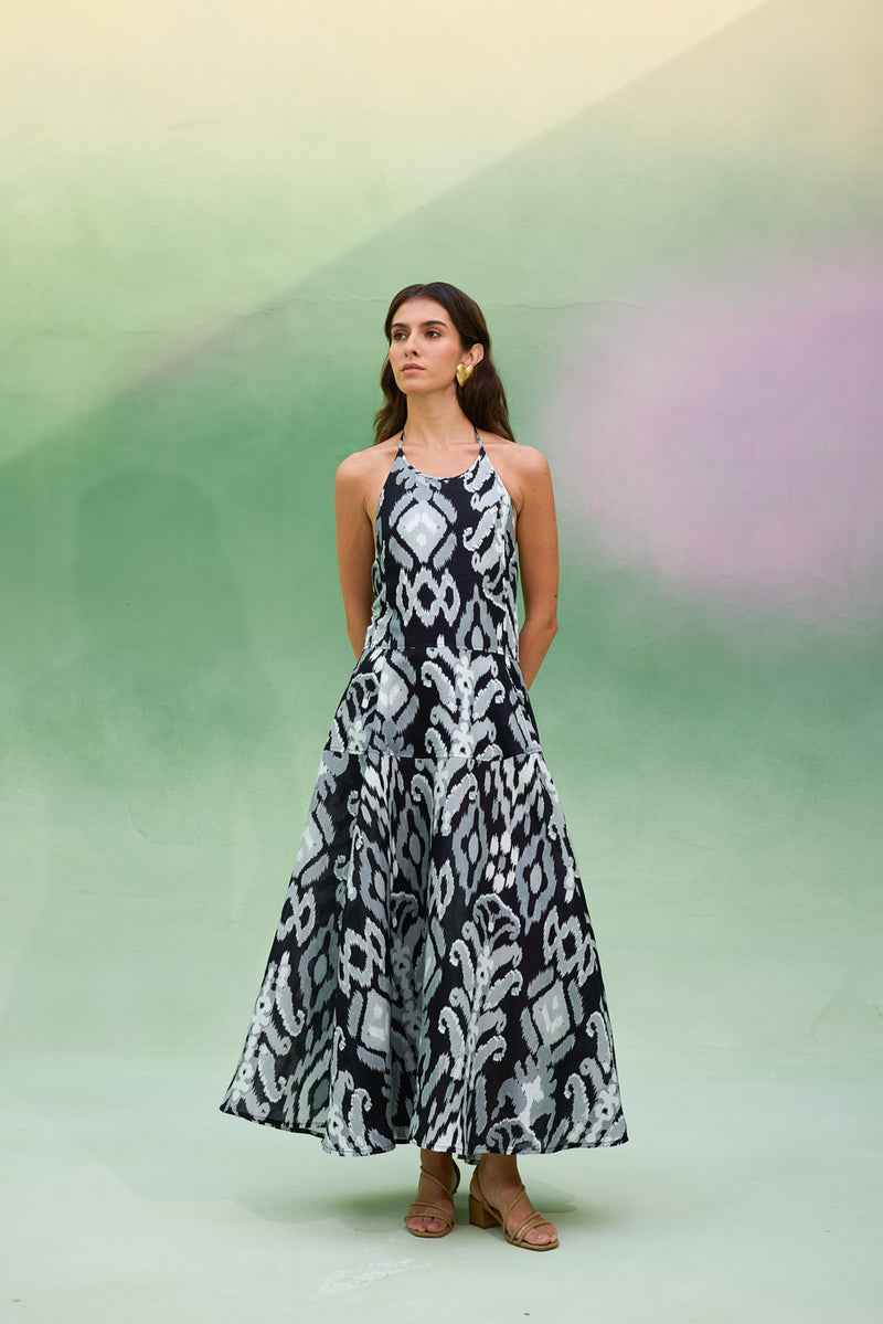 Greyscale Oversized Ikat Halter Neck Maxi Dress linen dress by World of SiSa in grey for women Worldwide