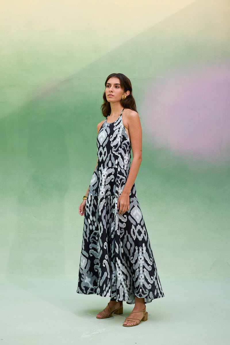 Greyscale Oversized Ikat Halter Neck Maxi Dress linen dress by World of SiSa in grey for women Worldwide