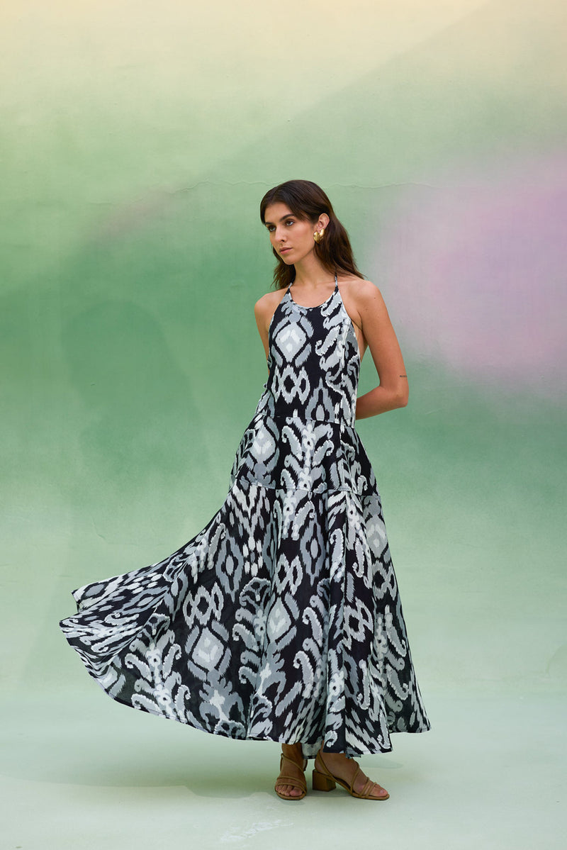 Greyscale Oversized Ikat Halter Neck Maxi Dress linen dress by World of SiSa in grey for women Worldwide