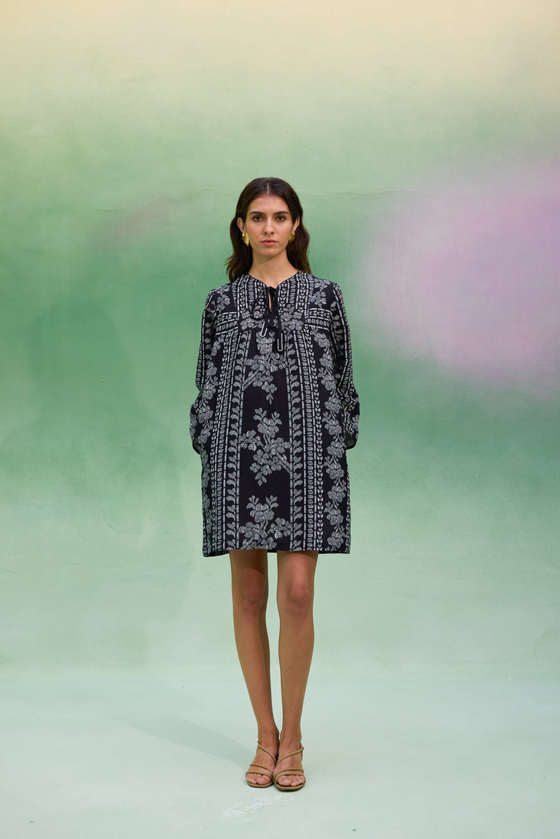 Black Floral Ikat Symmetrical Shift Dress linen dress by World of SiSa in black for women Worldwide