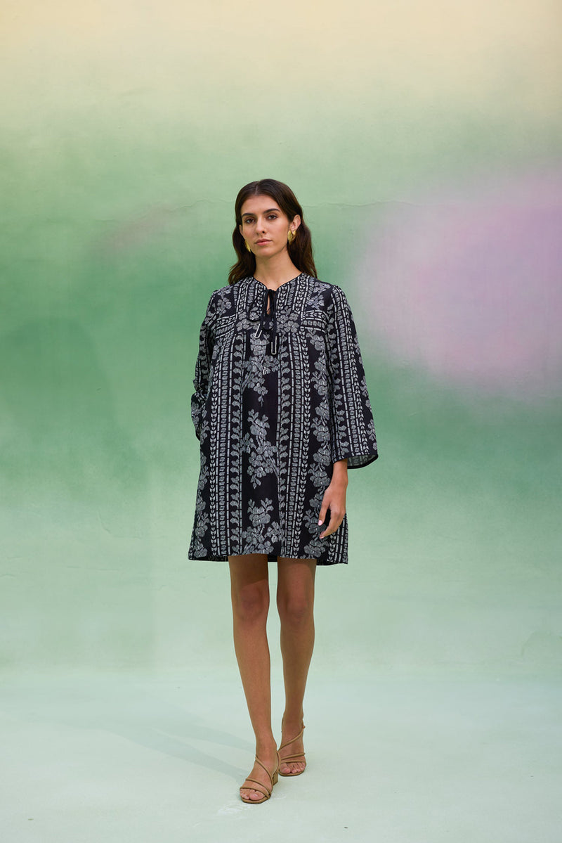 Black Floral Ikat Symmetrical Shift Dress linen dress by World of SiSa in black for women Worldwide