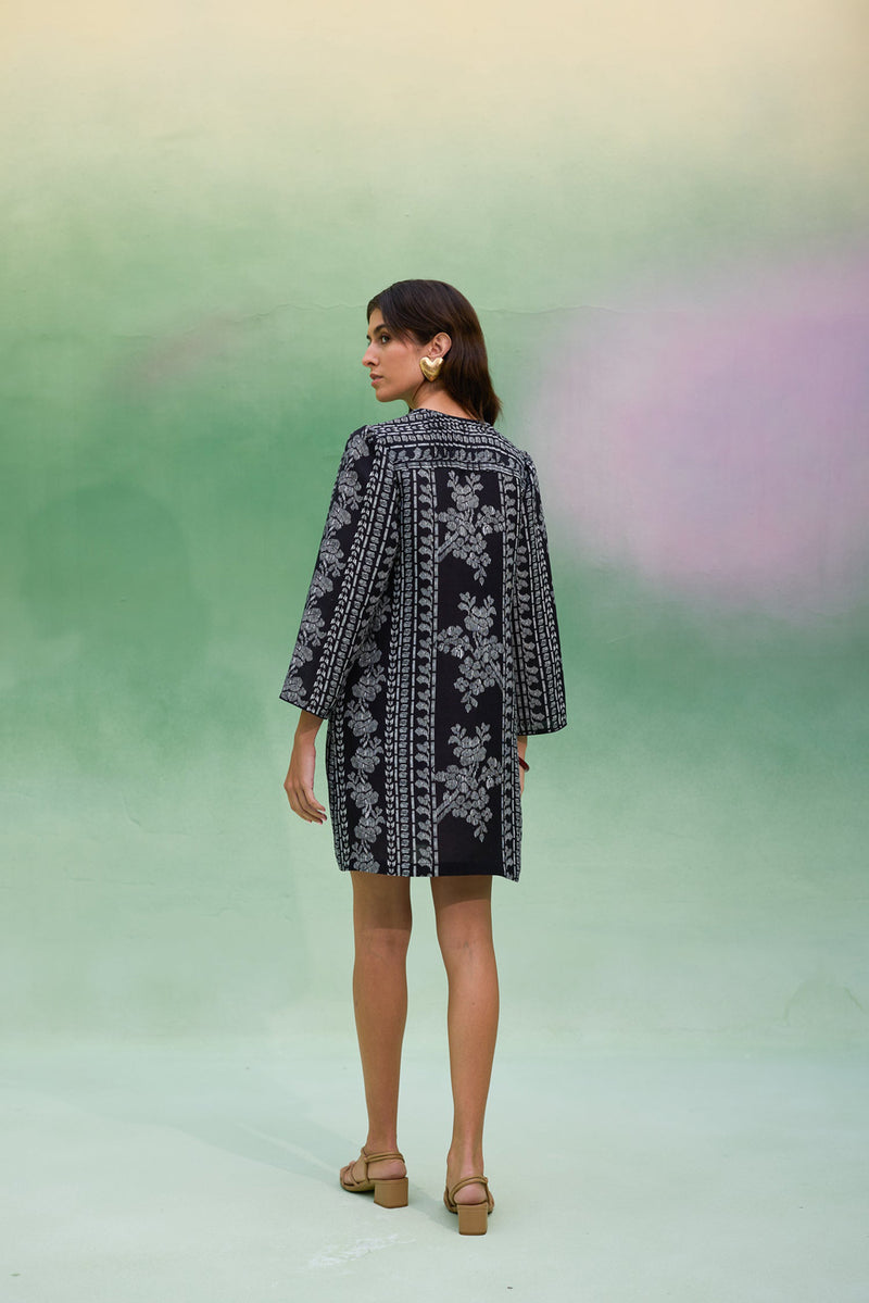 Black Floral Ikat Symmetrical Shift Dress linen dress by World of SiSa in black for women Worldwide