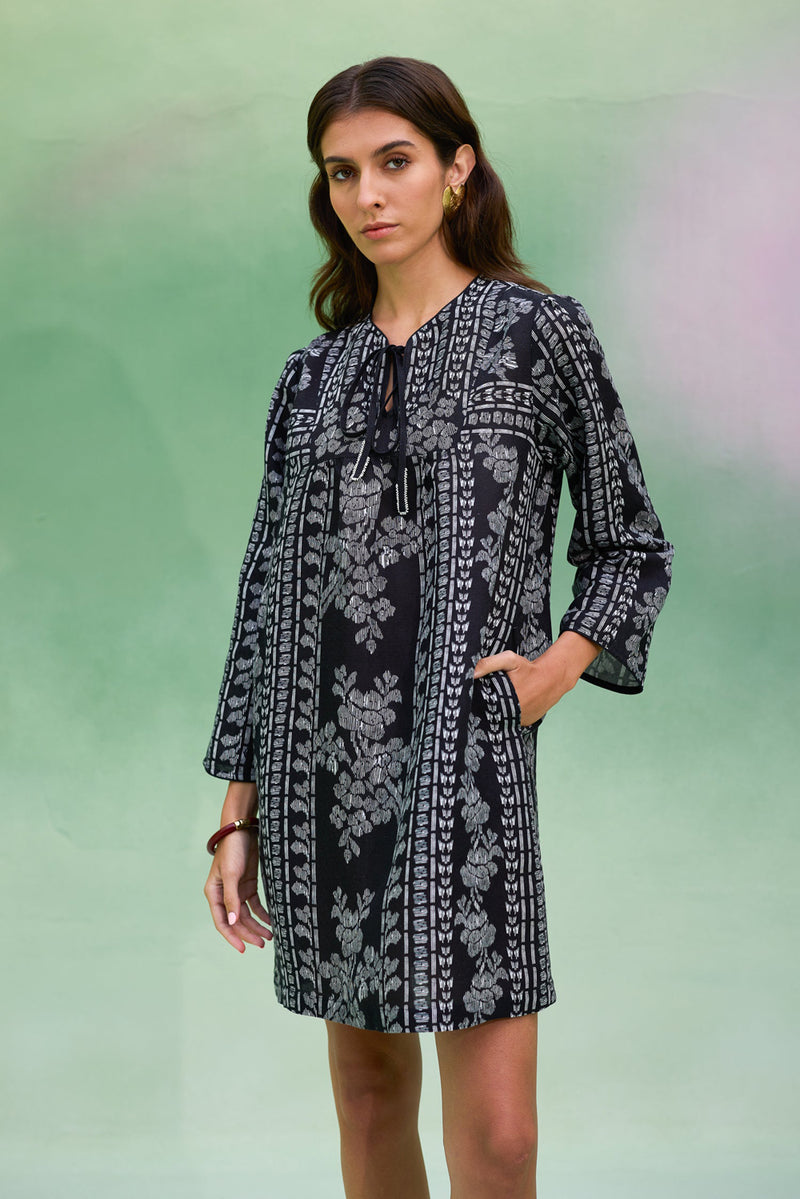 Black Floral Ikat Symmetrical Shift Dress linen dress by World of SiSa in black for women Worldwide