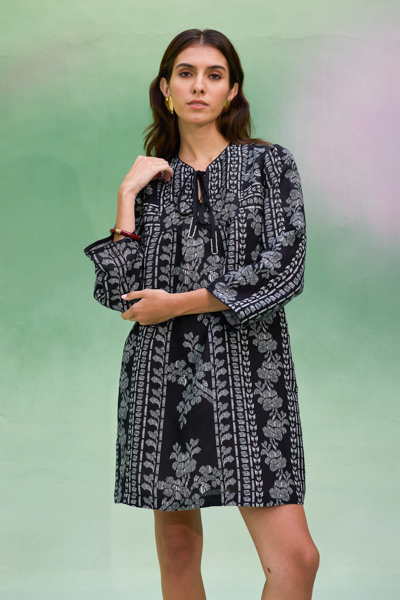 Black Floral Ikat Symmetrical Shift Dress linen dress by World of SiSa in black for women Worldwide