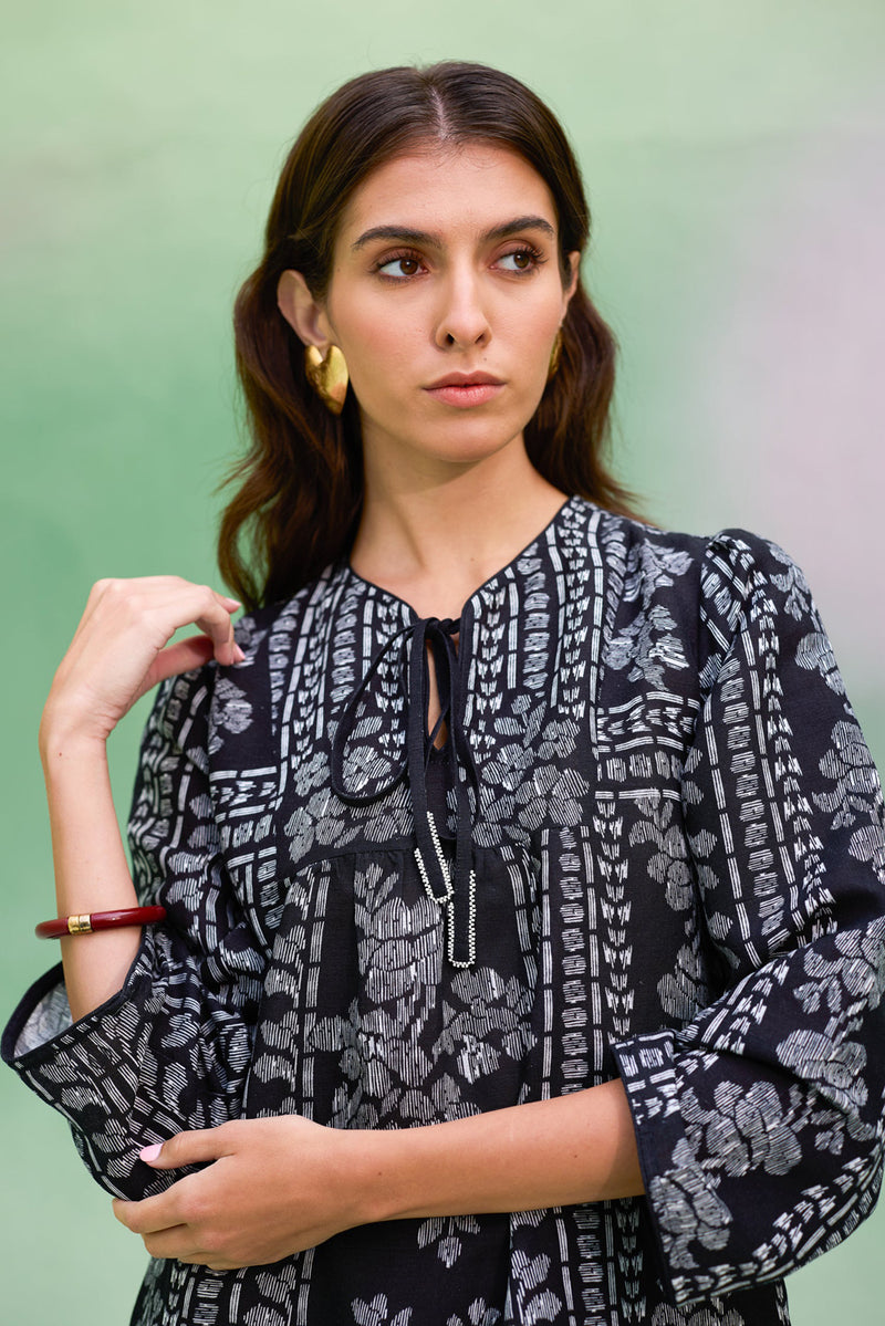 Black Floral Ikat Symmetrical Shift Dress linen dress by World of SiSa in black for women Worldwide