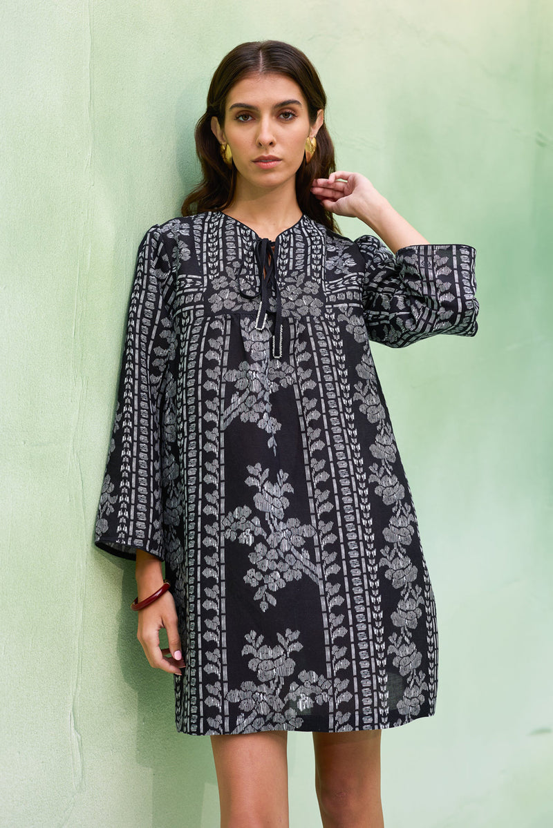 Black Floral Ikat Symmetrical Shift Dress linen dress by World of SiSa in black for women Worldwide