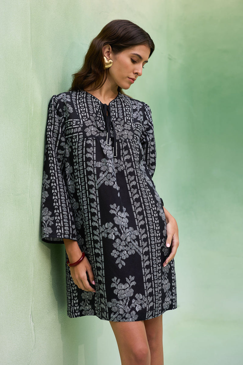 Black Floral Ikat Symmetrical Shift Dress linen dress by World of SiSa in black for women Worldwide