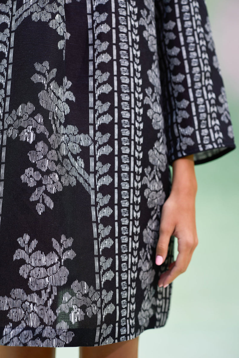 Black Floral Ikat Symmetrical Shift Dress linen dress by World of SiSa in black for women Worldwide