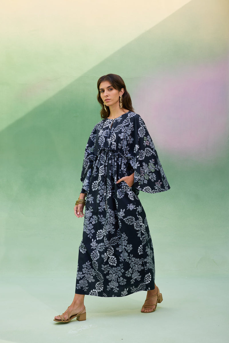 Black Floral Ikat Kaftan Dress cotton dress by World of SiSa in black for women Worldwide