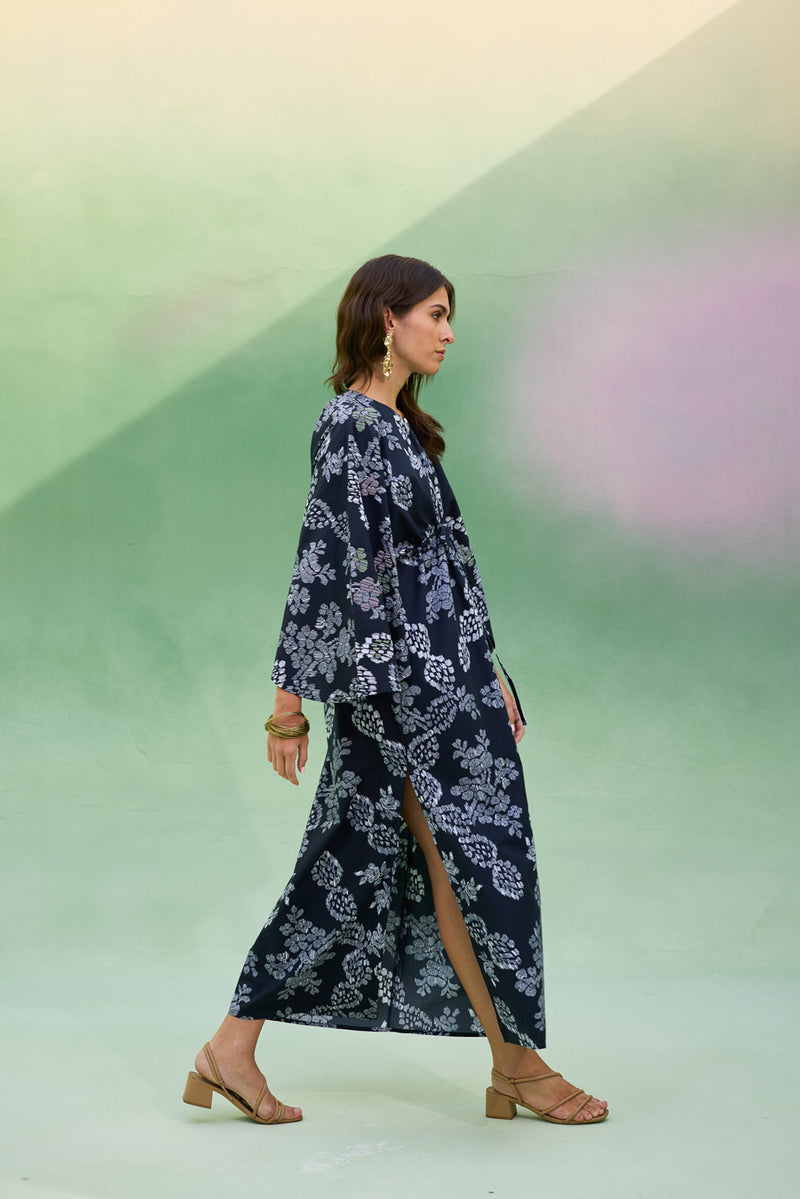 Black Floral Ikat Kaftan Dress cotton dress by World of SiSa in black for women Worldwide