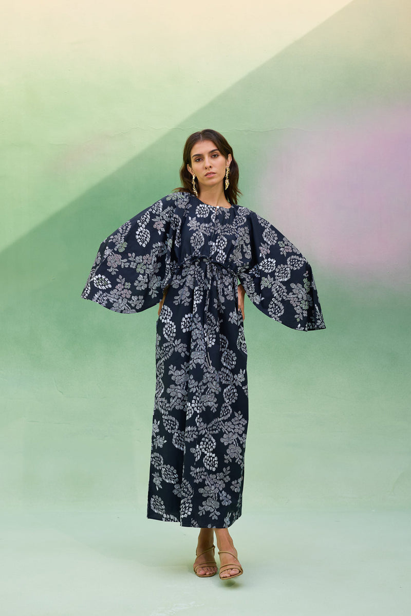 Black Floral Ikat Kaftan Dress cotton dress by World of SiSa in black for women Worldwide