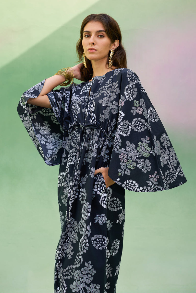 Black Floral Ikat Kaftan Dress cotton dress by World of SiSa in black for women Worldwide