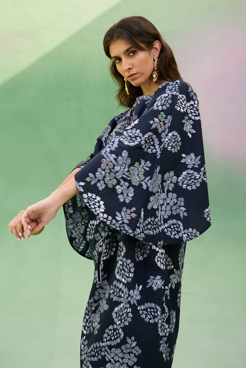 Black Floral Ikat Kaftan Dress cotton dress by World of SiSa in black for women Worldwide