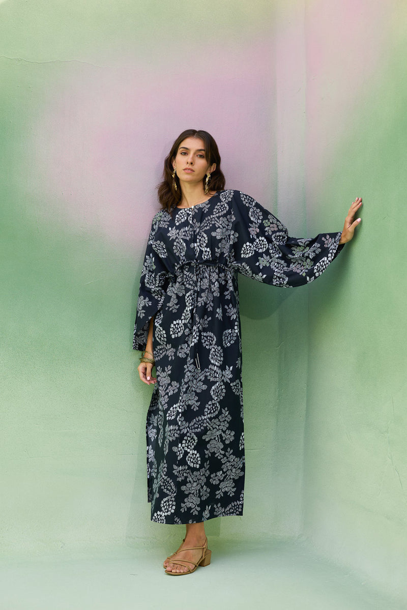 Black Floral Ikat Kaftan Dress cotton dress by World of SiSa in black for women Worldwide