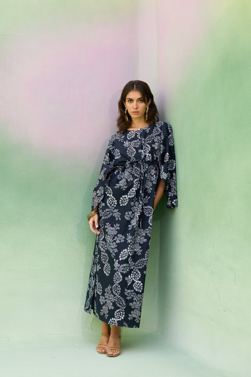 Black Floral Ikat Kaftan Dress cotton dress by World of SiSa in black for women Worldwide