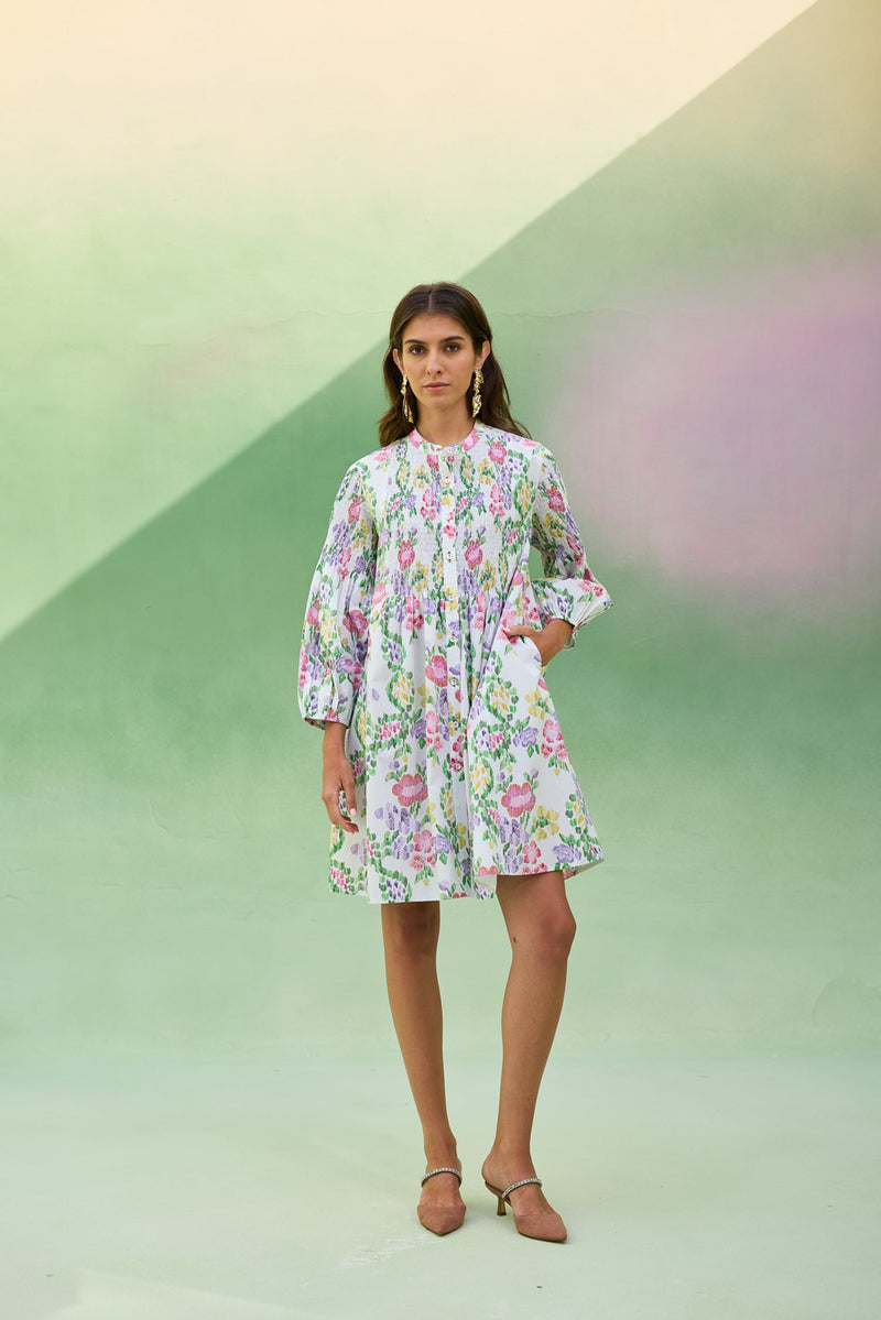 Ivory Floral Ikat Smocked Shirt Dress cotton dress by World of SiSa in ivory for women Worldwide
