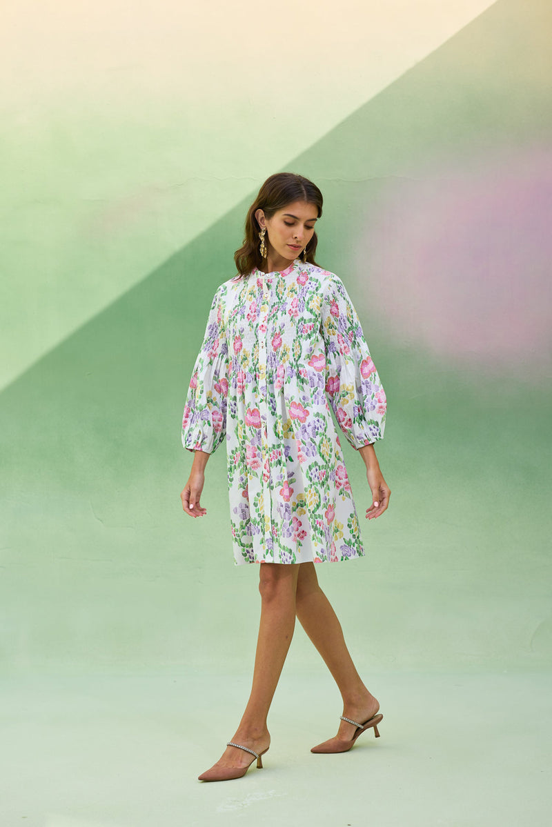 Ivory Floral Ikat Smocked Shirt Dress cotton dress by World of SiSa in ivory for women Worldwide