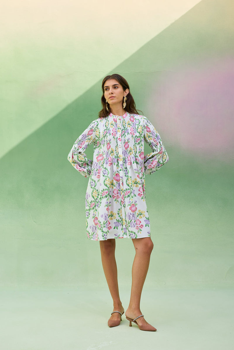 Ivory Floral Ikat Smocked Shirt Dress cotton dress by World of SiSa in ivory for women Worldwide
