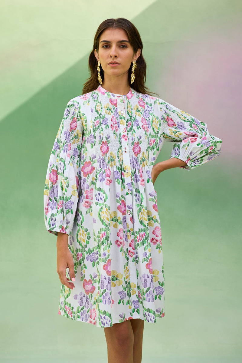 Ivory Floral Ikat Smocked Shirt Dress cotton dress by World of SiSa in ivory for women Worldwide