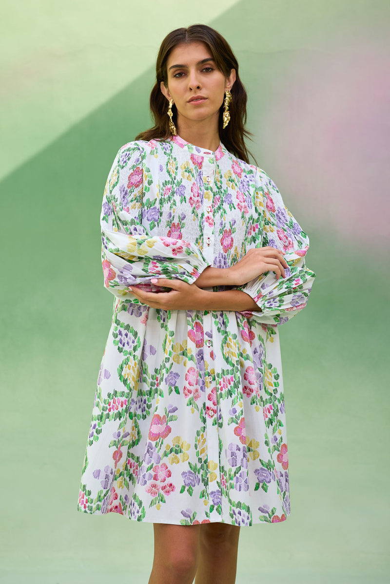Ivory Floral Ikat Smocked Shirt Dress cotton dress by World of SiSa in ivory for women Worldwide