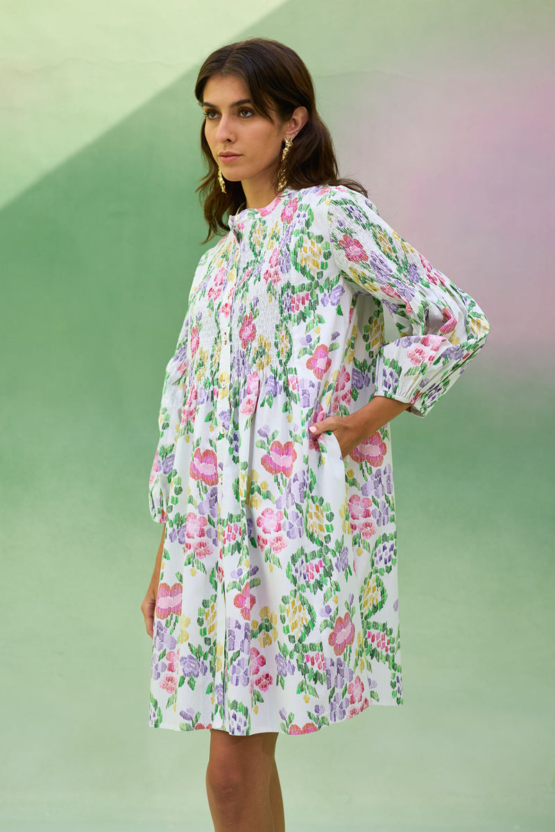 Ivory Floral Ikat Smocked Shirt Dress cotton dress by World of SiSa in ivory for women Worldwide