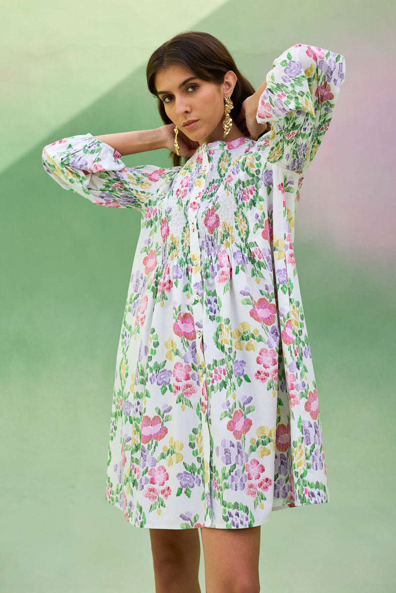Ivory Floral Ikat Smocked Shirt Dress cotton dress by World of SiSa in ivory for women Worldwide