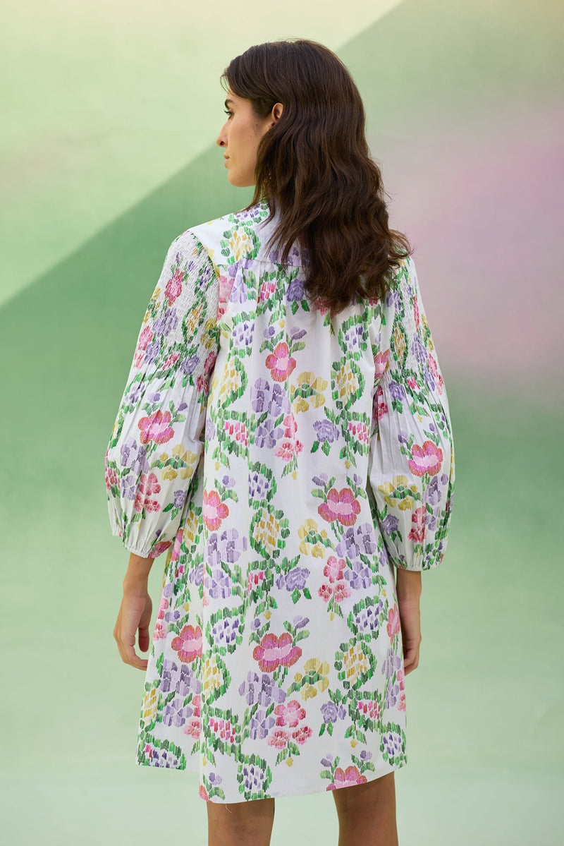 Ivory Floral Ikat Smocked Shirt Dress cotton dress by World of SiSa in ivory for women Worldwide