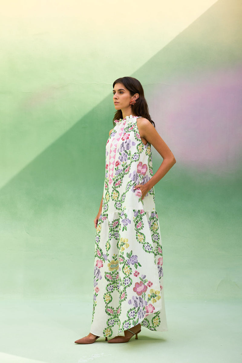 Ivory Floral Ikat Sleeveless Maxi Dress linen dress by World of SiSa in ivory for women Worldwide