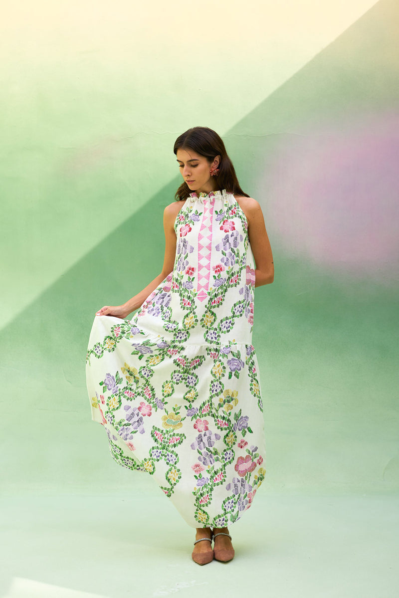 Ivory Floral Ikat Sleeveless Maxi Dress linen dress by World of SiSa in ivory for women Worldwide
