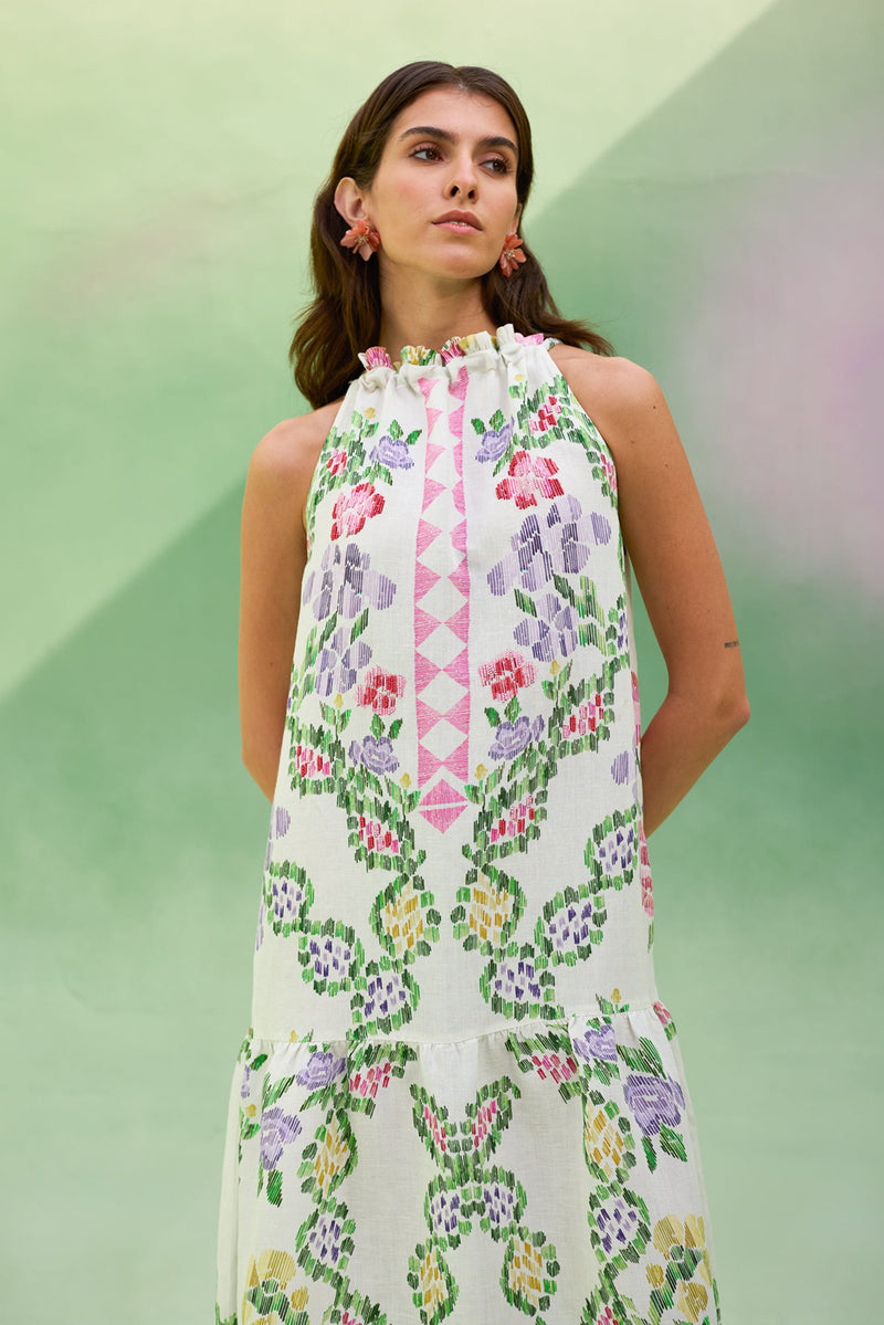 Ivory Floral Ikat Sleeveless Maxi Dress linen dress by World of SiSa in ivory for women Worldwide