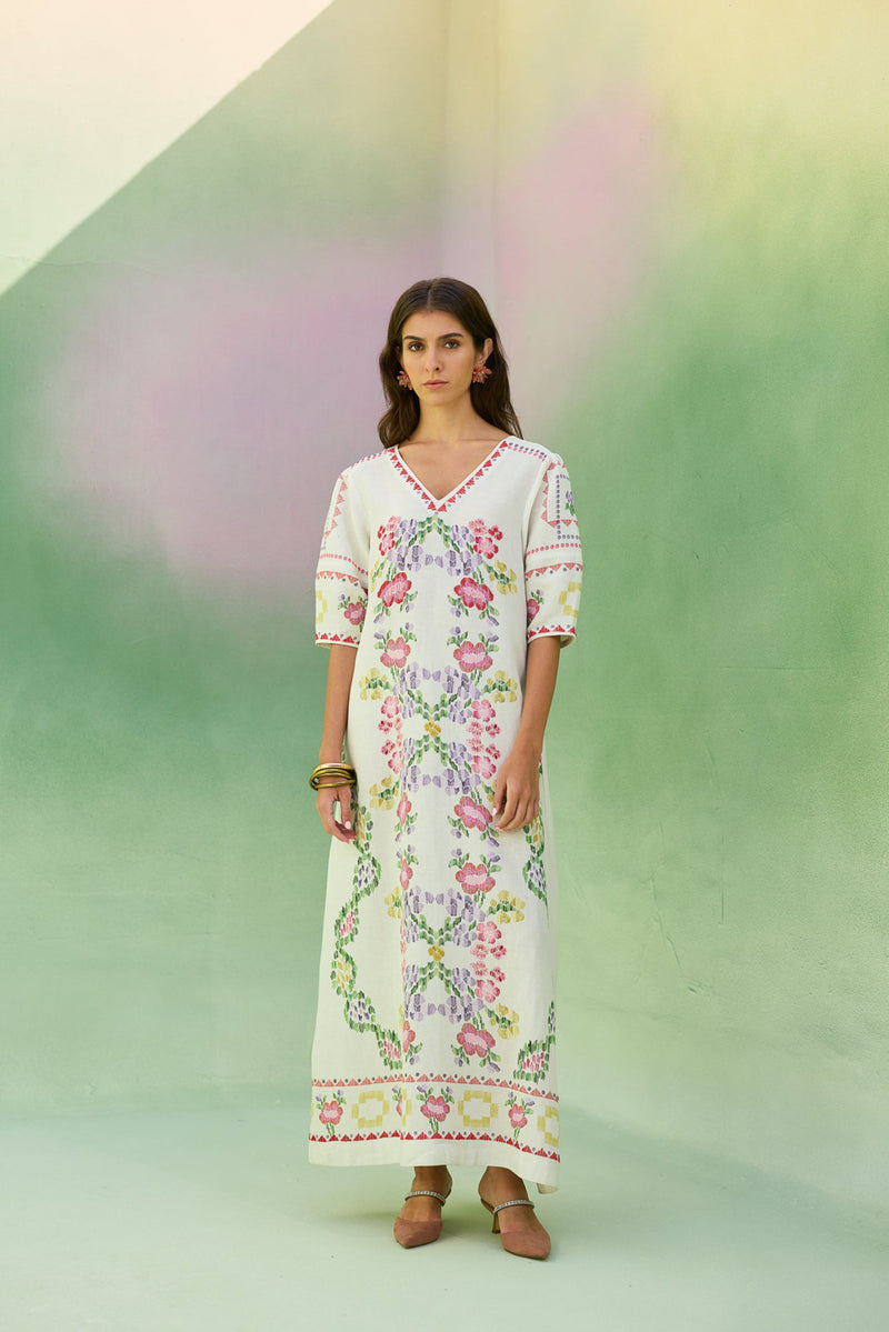 Ivory Floral Ikat V-Neck Maxi Dress linen dress by World of SiSa in ivory for women Worldwide