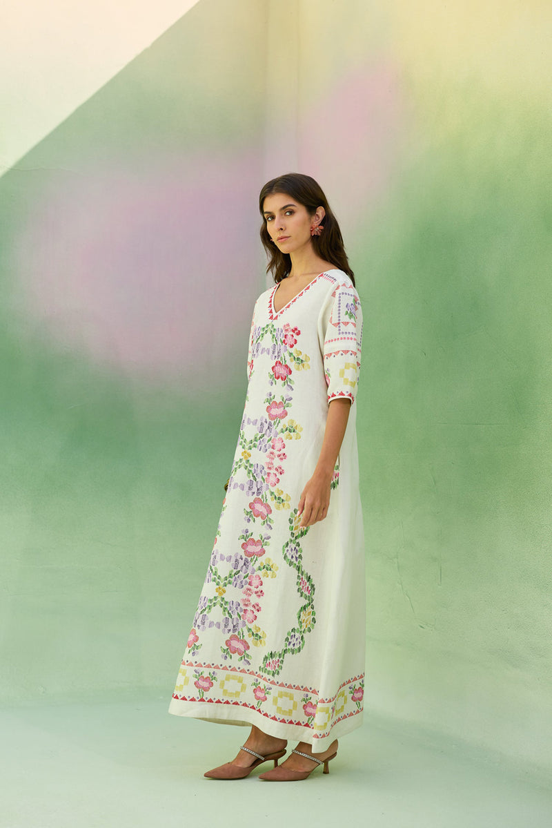 Ivory Floral Ikat V-Neck Maxi Dress linen dress by World of SiSa in ivory for women Worldwide